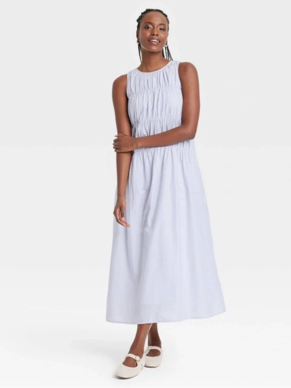 Universal Thread Sleeveless Light Blue Cotton Midi Dress with Gathered Bodice